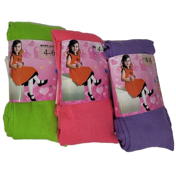 NWT Girl Tights Stockings Long Winter Warm, Kids Size 4-6 Purple Pink 3 Pairs - Picture 1 of 1